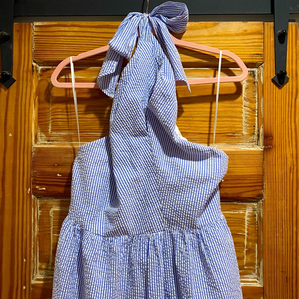 Seersucker blue and white halter tie midi dress